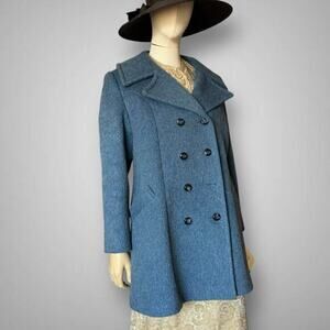 1970s Mod Blue Wool Double Breasted Pea Coat Dramatic Collar Med Vintage Jacket